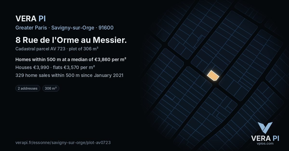 8 Rue de l'Orme au Messier, Savigny-sur-Orge at night – the plot lit, the parcels around coloured by the prices near them