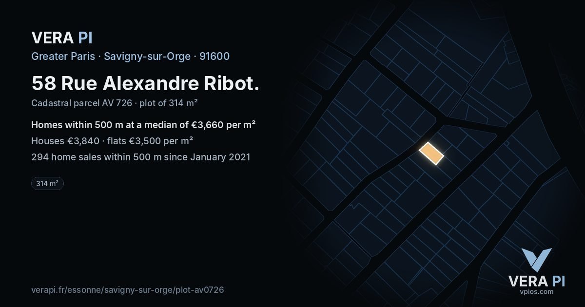 58 Rue Alexandre Ribot, Savigny-sur-Orge at night – the plot lit, the parcels around coloured by the prices near them