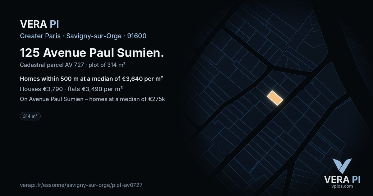 125 Avenue Paul Sumien, Savigny-sur-Orge at night – the plot lit, the parcels around coloured by the prices near them