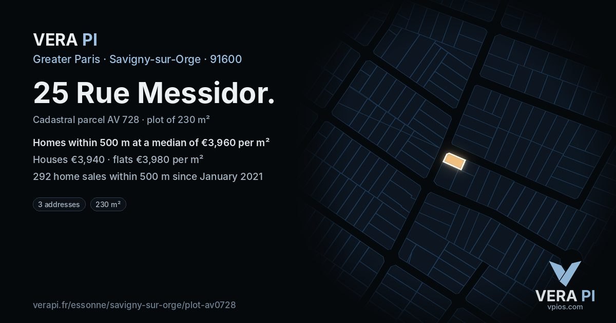 25 Rue Messidor, Savigny-sur-Orge at night – the plot lit, the parcels around coloured by the prices near them