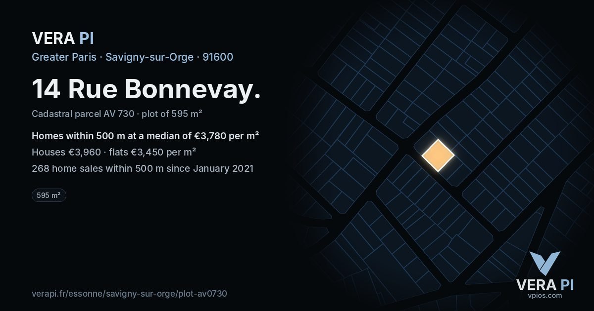14 Rue Bonnevay, Savigny-sur-Orge at night – the plot lit, the parcels around coloured by the prices near them