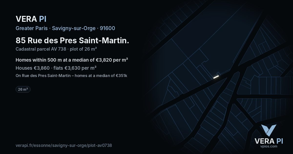 85 Rue des Pres Saint-Martin, Savigny-sur-Orge at night – the plot lit, the parcels around coloured by the prices near them