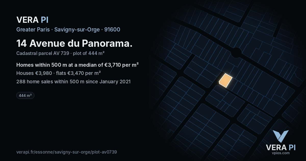 14 Avenue du Panorama, Savigny-sur-Orge at night – the plot lit, the parcels around coloured by the prices near them
