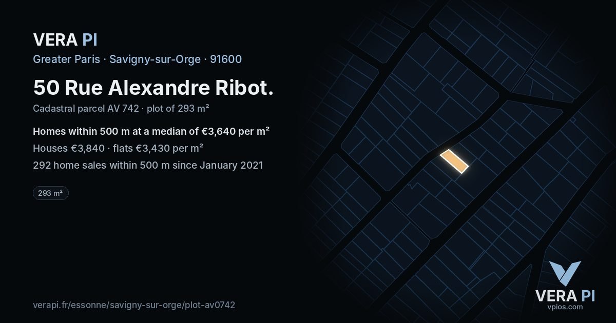 50 Rue Alexandre Ribot, Savigny-sur-Orge at night – the plot lit, the parcels around coloured by the prices near them
