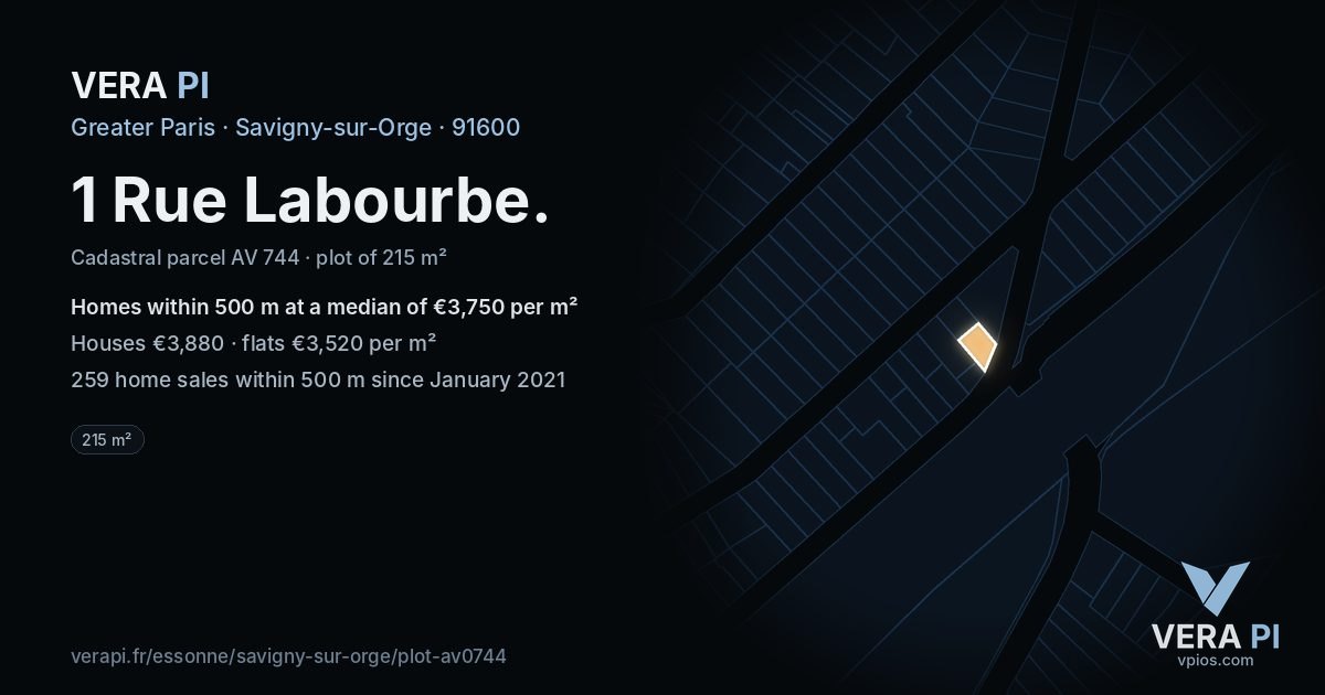 1 Rue Labourbe, Savigny-sur-Orge at night – the plot lit, the parcels around coloured by the prices near them