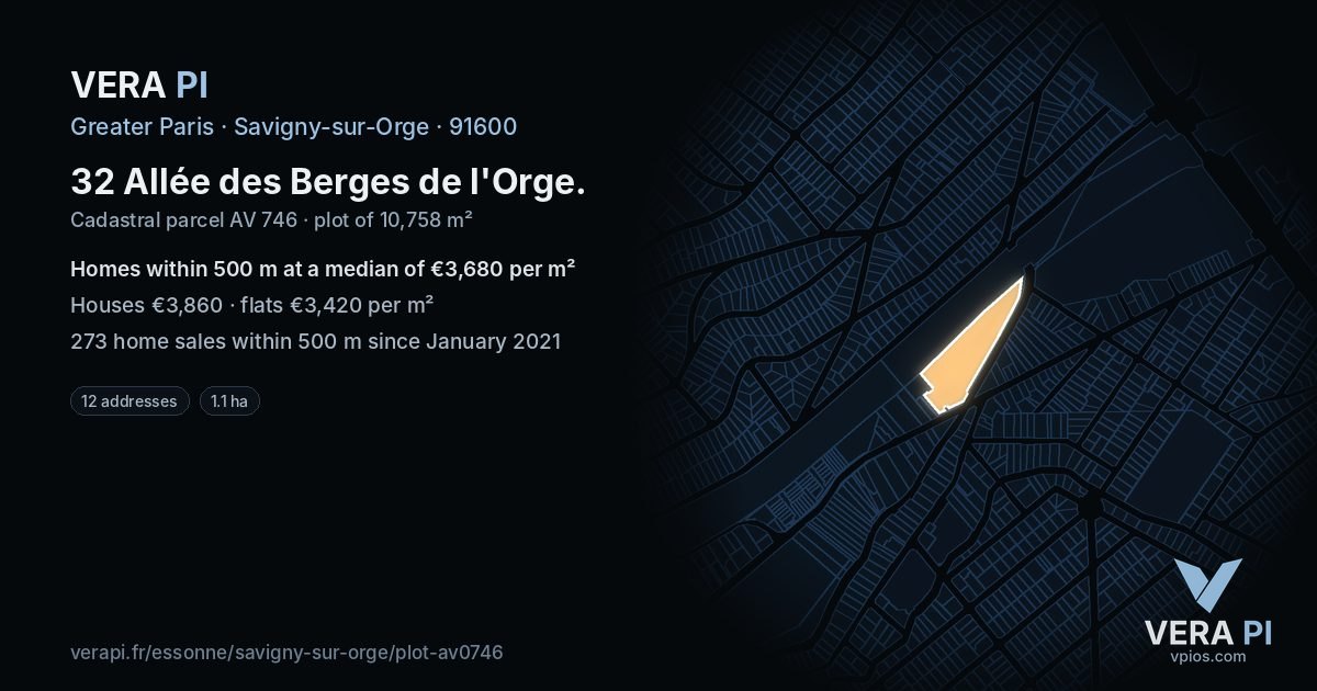 32 Allée des Berges de l'Orge, Savigny-sur-Orge at night – the plot lit, the parcels around coloured by the prices near them