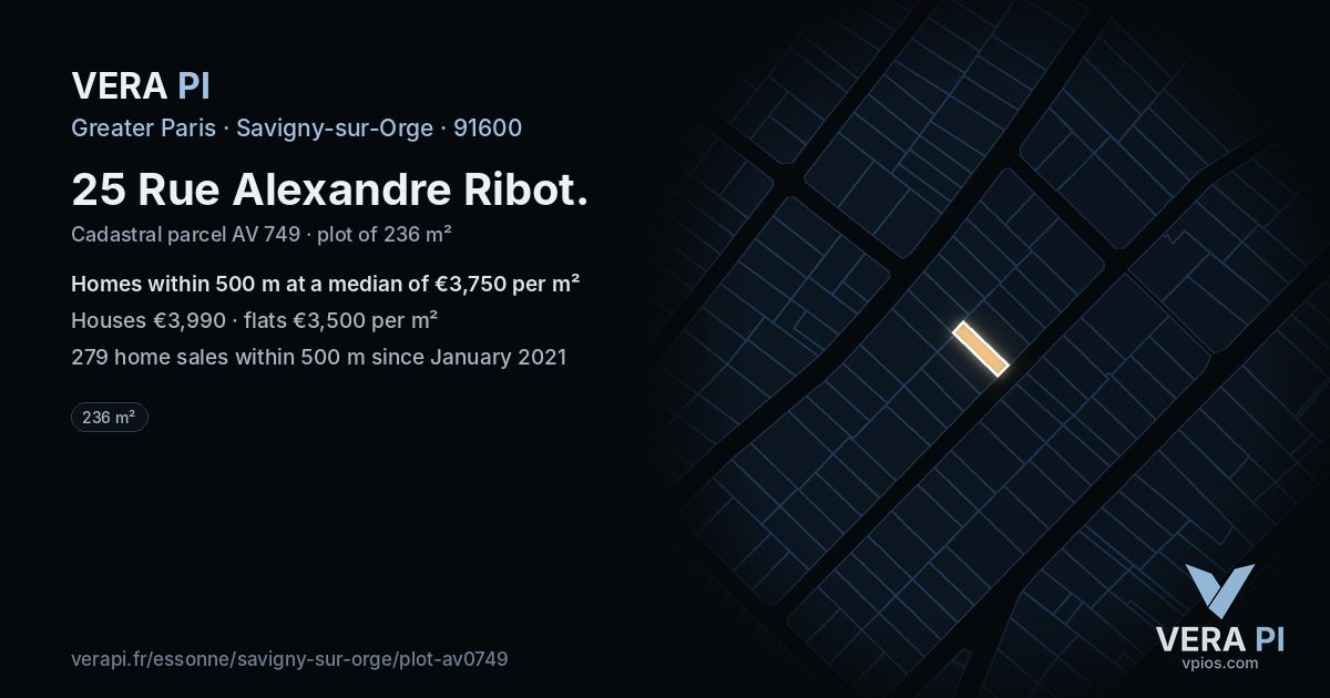 25 Rue Alexandre Ribot, Savigny-sur-Orge at night – the plot lit, the parcels around coloured by the prices near them