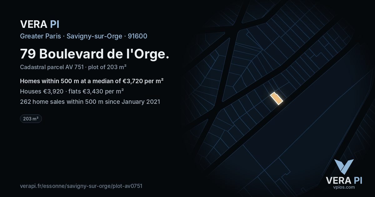 79 Boulevard de l'Orge, Savigny-sur-Orge at night – the plot lit, the parcels around coloured by the prices near them