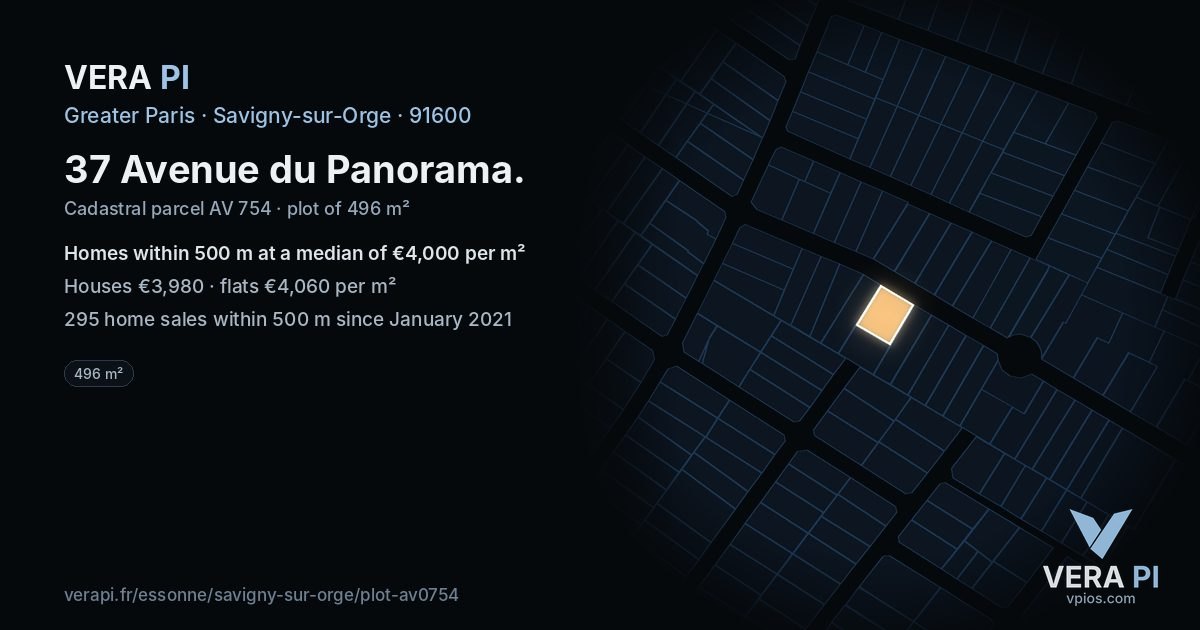 37 Avenue du Panorama, Savigny-sur-Orge at night – the plot lit, the parcels around coloured by the prices near them