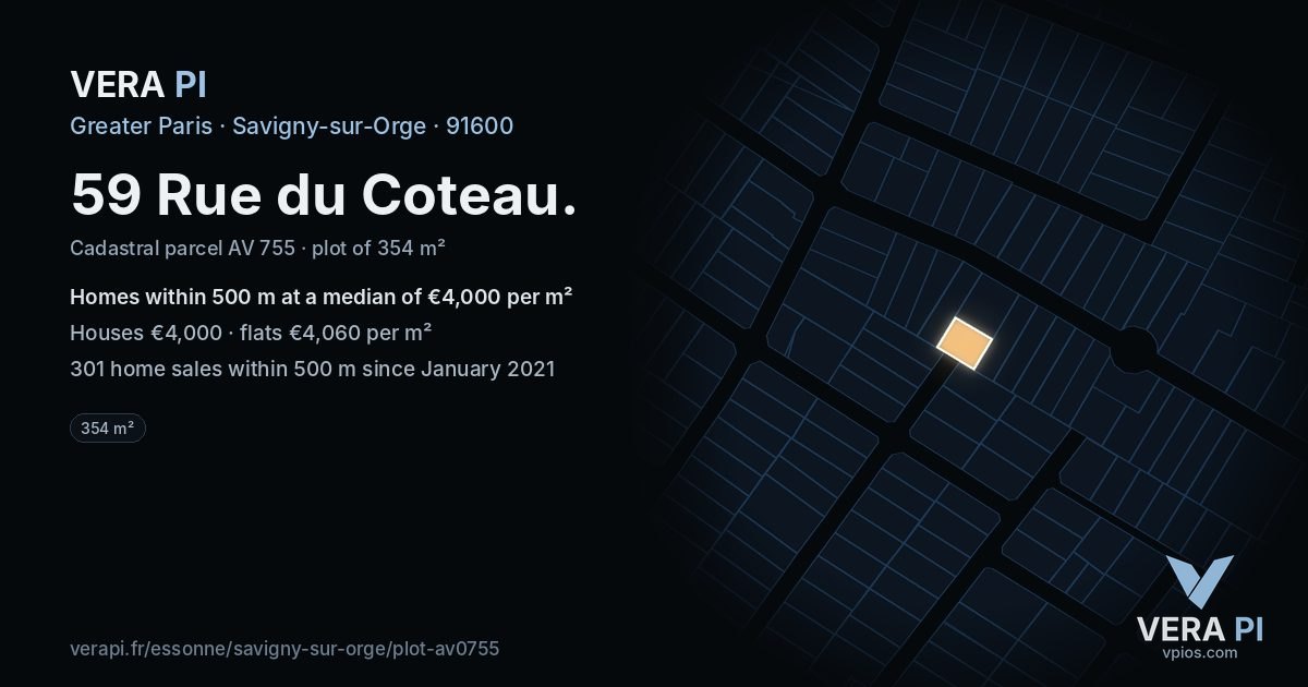 59 Rue du Coteau, Savigny-sur-Orge at night – the plot lit, the parcels around coloured by the prices near them