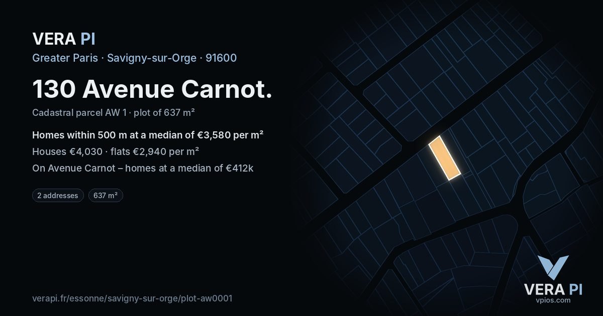 130 Avenue Carnot, Savigny-sur-Orge at night – the plot lit, the parcels around coloured by the prices near them