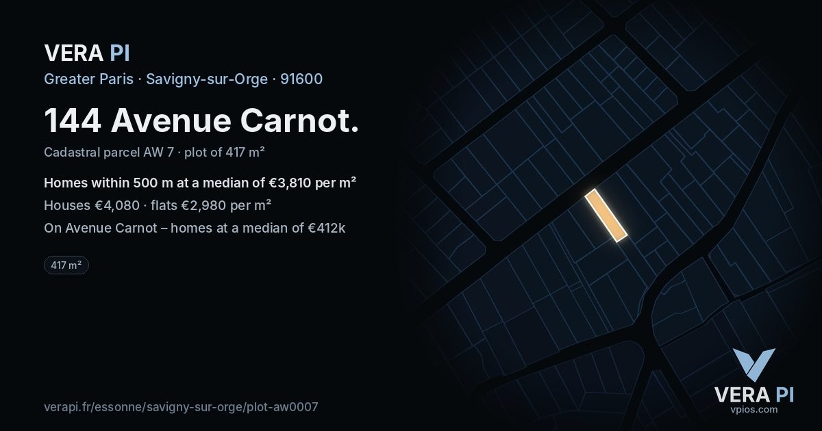 144 Avenue Carnot, Savigny-sur-Orge at night – the plot lit, the parcels around coloured by the prices near them