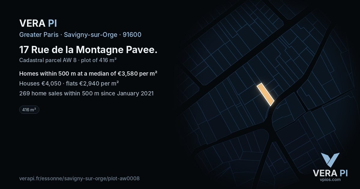 17 Rue de la Montagne Pavee, Savigny-sur-Orge at night – the plot lit, the parcels around coloured by the prices near them