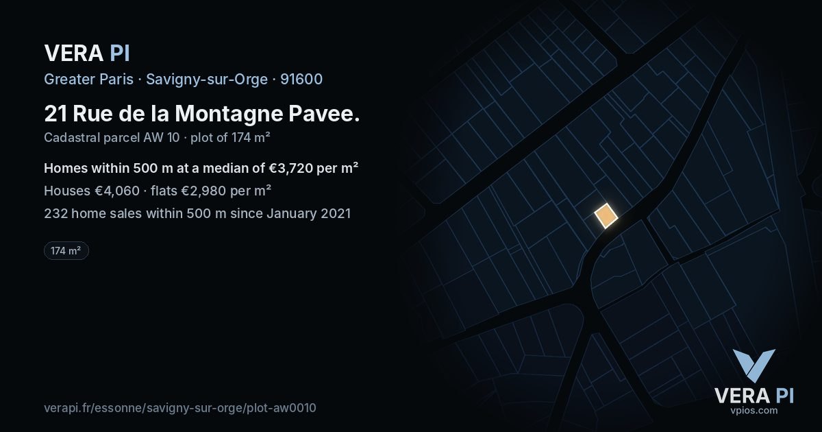 21 Rue de la Montagne Pavee, Savigny-sur-Orge at night – the plot lit, the parcels around coloured by the prices near them