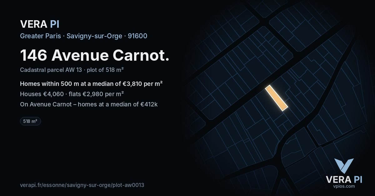 146 Avenue Carnot, Savigny-sur-Orge at night – the plot lit, the parcels around coloured by the prices near them