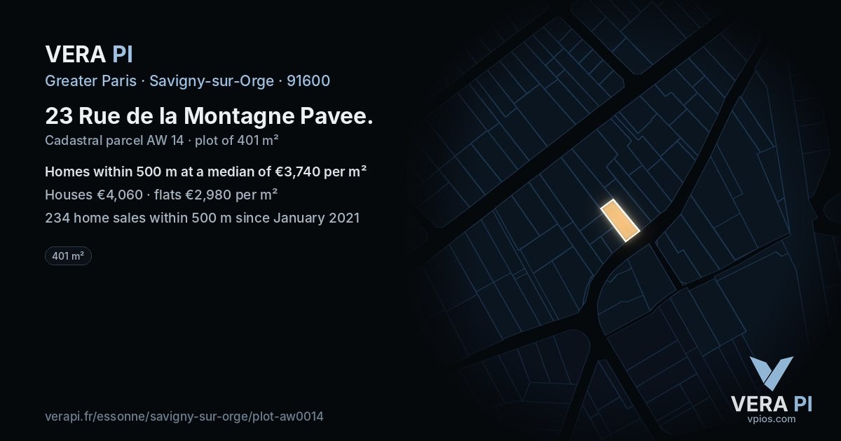 23 Rue de la Montagne Pavee, Savigny-sur-Orge at night – the plot lit, the parcels around coloured by the prices near them