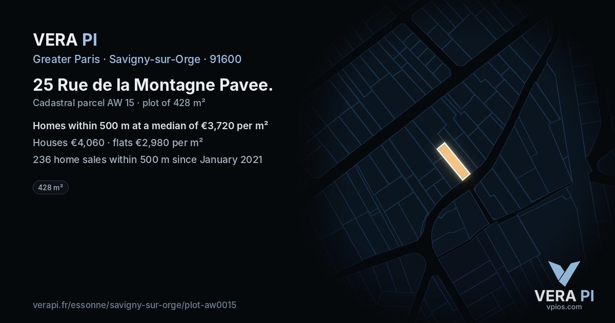 25 Rue de la Montagne Pavee, Savigny-sur-Orge at night – the plot lit, the parcels around coloured by the prices near them