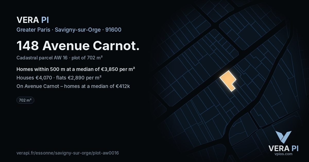 148 Avenue Carnot, Savigny-sur-Orge at night – the plot lit, the parcels around coloured by the prices near them