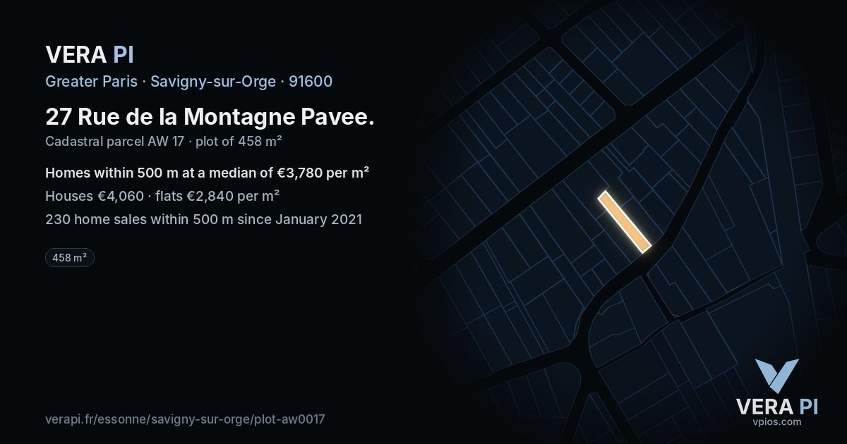 27 Rue de la Montagne Pavee, Savigny-sur-Orge at night – the plot lit, the parcels around coloured by the prices near them