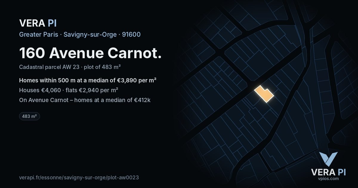 160 Avenue Carnot, Savigny-sur-Orge at night – the plot lit, the parcels around coloured by the prices near them