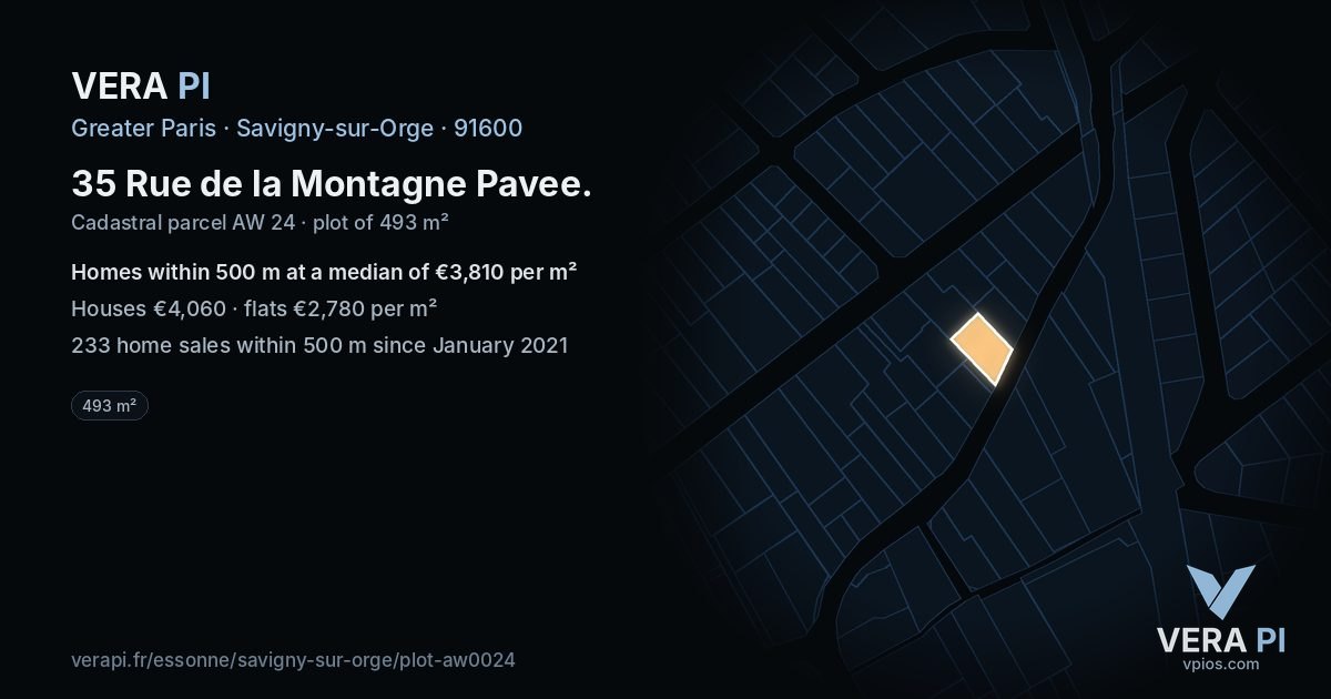 35 Rue de la Montagne Pavee, Savigny-sur-Orge at night – the plot lit, the parcels around coloured by the prices near them