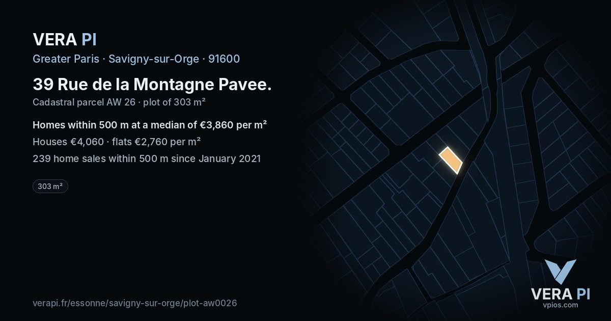 39 Rue de la Montagne Pavee, Savigny-sur-Orge at night – the plot lit, the parcels around coloured by the prices near them