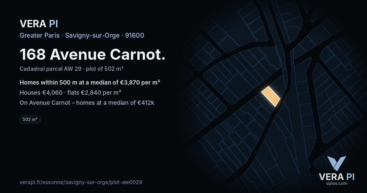 168 Avenue Carnot, Savigny-sur-Orge at night – the plot lit, the parcels around coloured by the prices near them