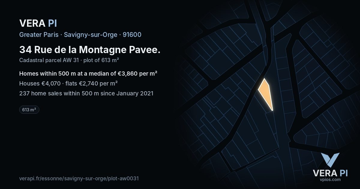 34 Rue de la Montagne Pavee, Savigny-sur-Orge at night – the plot lit, the parcels around coloured by the prices near them