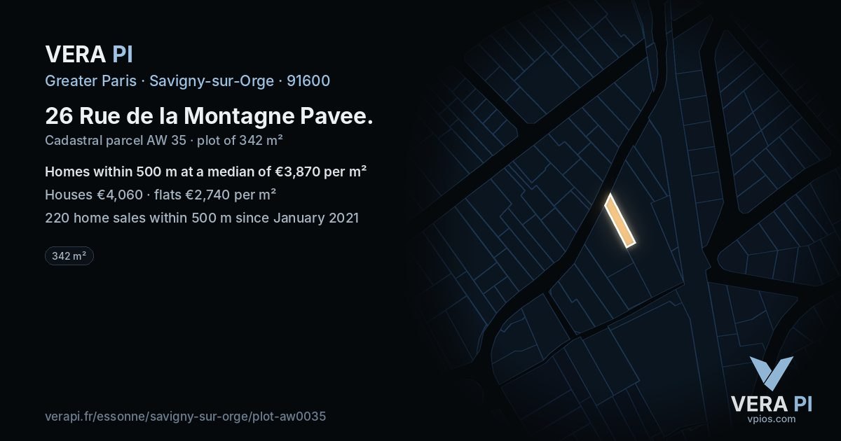 26 Rue de la Montagne Pavee, Savigny-sur-Orge at night – the plot lit, the parcels around coloured by the prices near them
