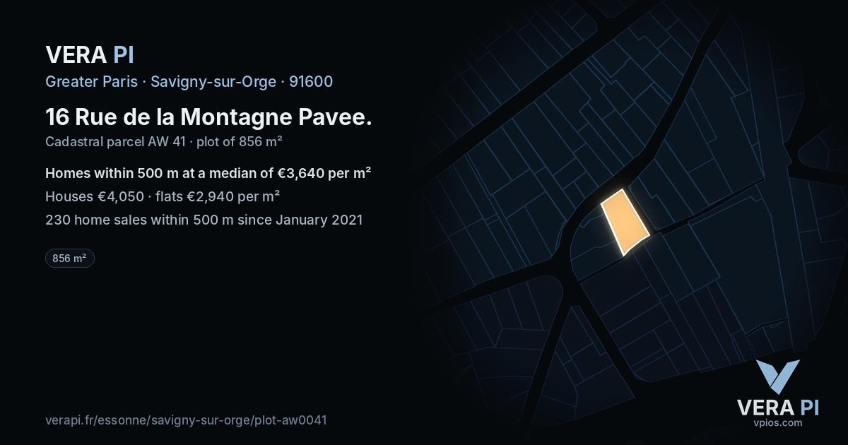 16 Rue de la Montagne Pavee, Savigny-sur-Orge at night – the plot lit, the parcels around coloured by the prices near them