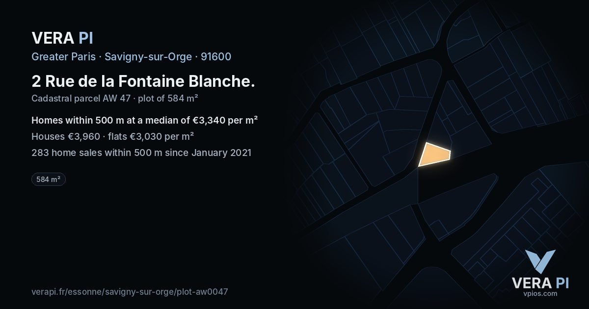 2 Rue de la Fontaine Blanche, Savigny-sur-Orge at night – the plot lit, the parcels around coloured by the prices near them