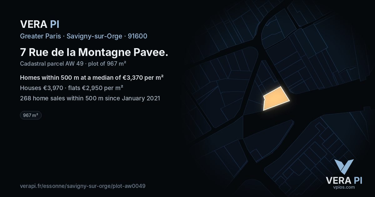 7 Rue de la Montagne Pavee, Savigny-sur-Orge at night – the plot lit, the parcels around coloured by the prices near them