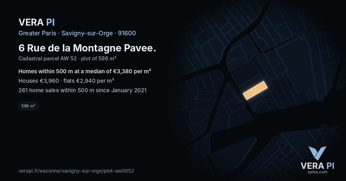 6 Rue de la Montagne Pavee, Savigny-sur-Orge at night – the plot lit, the parcels around coloured by the prices near them