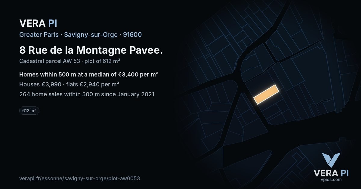 8 Rue de la Montagne Pavee, Savigny-sur-Orge at night – the plot lit, the parcels around coloured by the prices near them