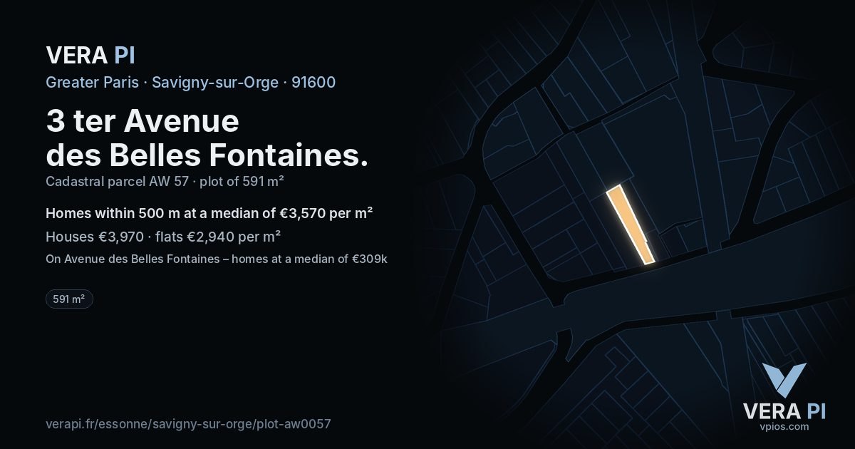 3 ter Avenue des Belles Fontaines, Savigny-sur-Orge at night – the plot lit, the parcels around coloured by the prices near them