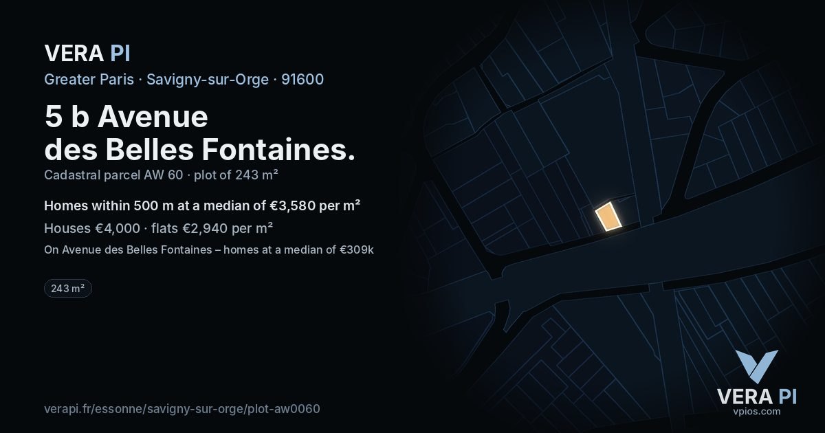 5 b Avenue des Belles Fontaines, Savigny-sur-Orge at night – the plot lit, the parcels around coloured by the prices near them