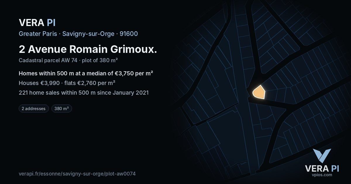 2 Avenue Romain Grimoux, Savigny-sur-Orge at night – the plot lit, the parcels around coloured by the prices near them