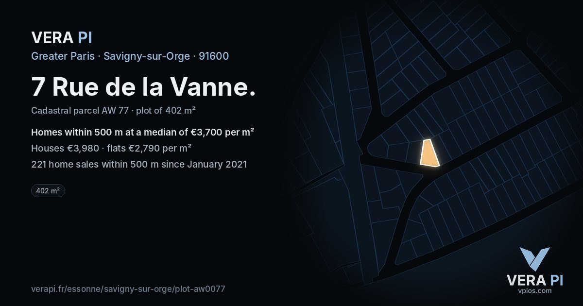 7 Rue de la Vanne, Savigny-sur-Orge at night – the plot lit, the parcels around coloured by the prices near them