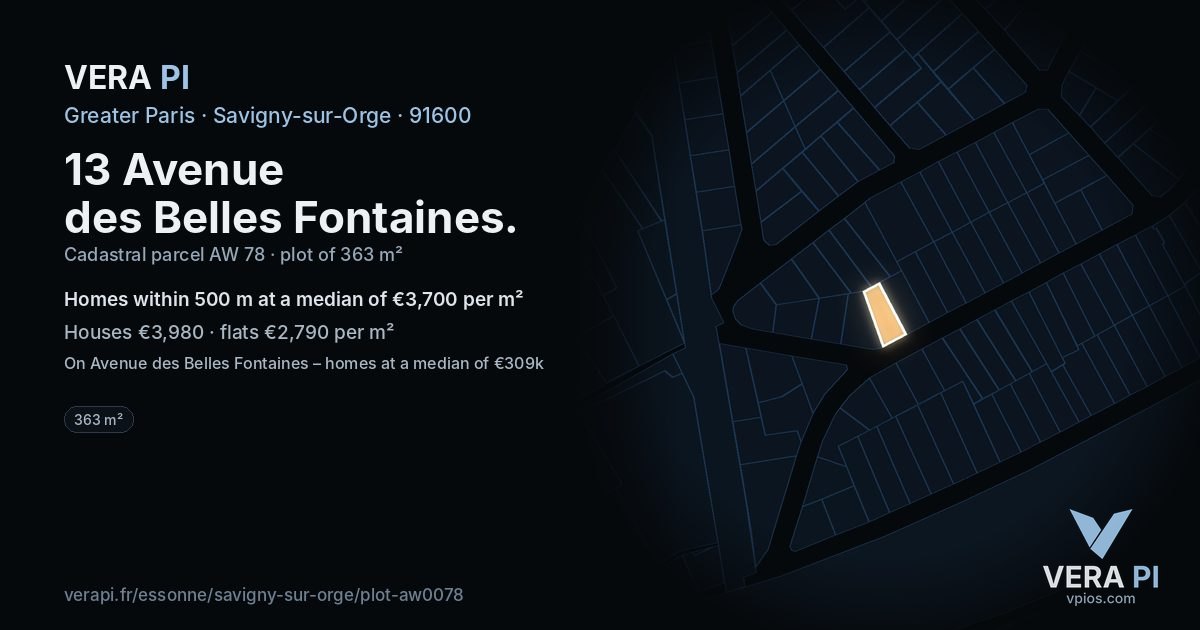 13 Avenue des Belles Fontaines, Savigny-sur-Orge at night – the plot lit, the parcels around coloured by the prices near them