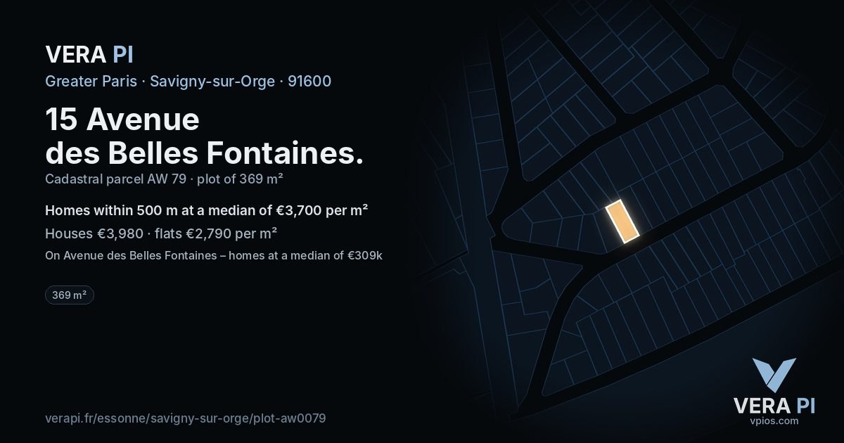 15 Avenue des Belles Fontaines, Savigny-sur-Orge at night – the plot lit, the parcels around coloured by the prices near them