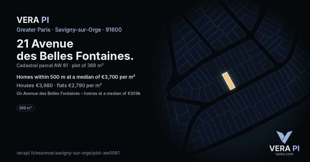 21 Avenue des Belles Fontaines, Savigny-sur-Orge at night – the plot lit, the parcels around coloured by the prices near them