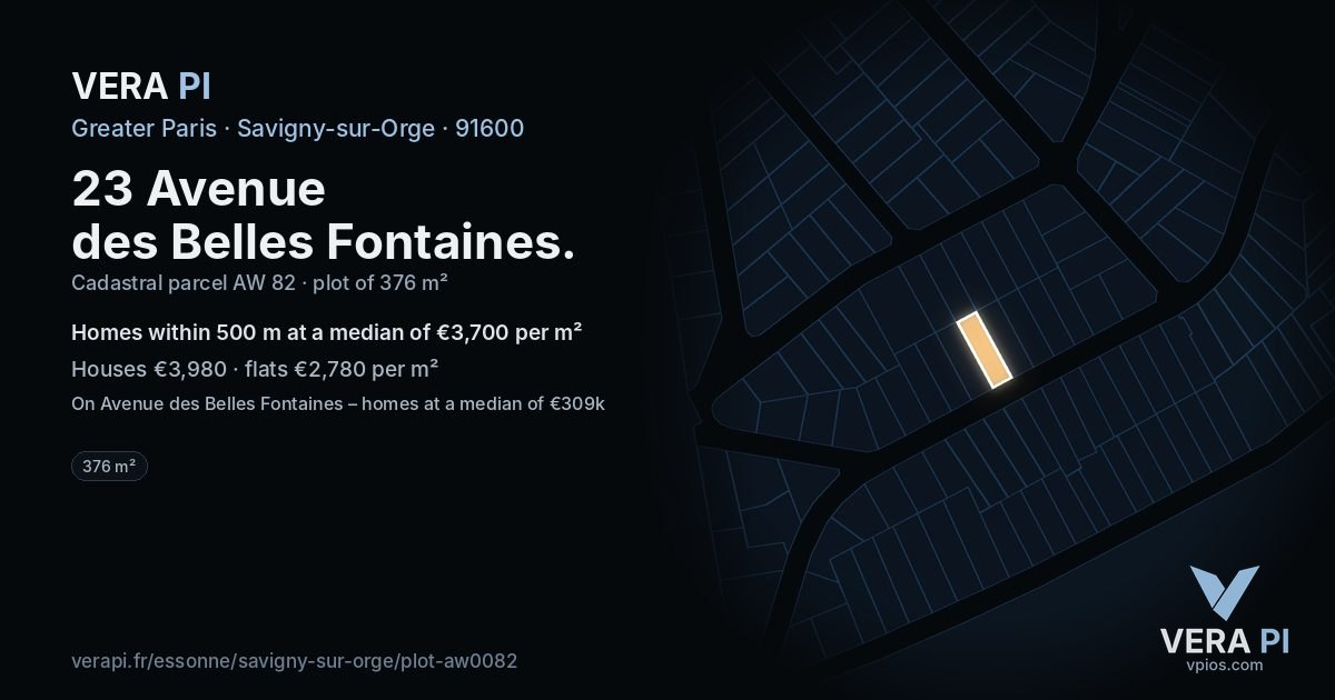 23 Avenue des Belles Fontaines, Savigny-sur-Orge at night – the plot lit, the parcels around coloured by the prices near them