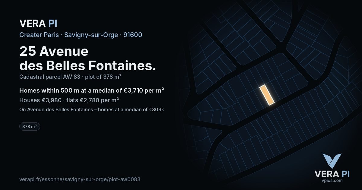 25 Avenue des Belles Fontaines, Savigny-sur-Orge at night – the plot lit, the parcels around coloured by the prices near them