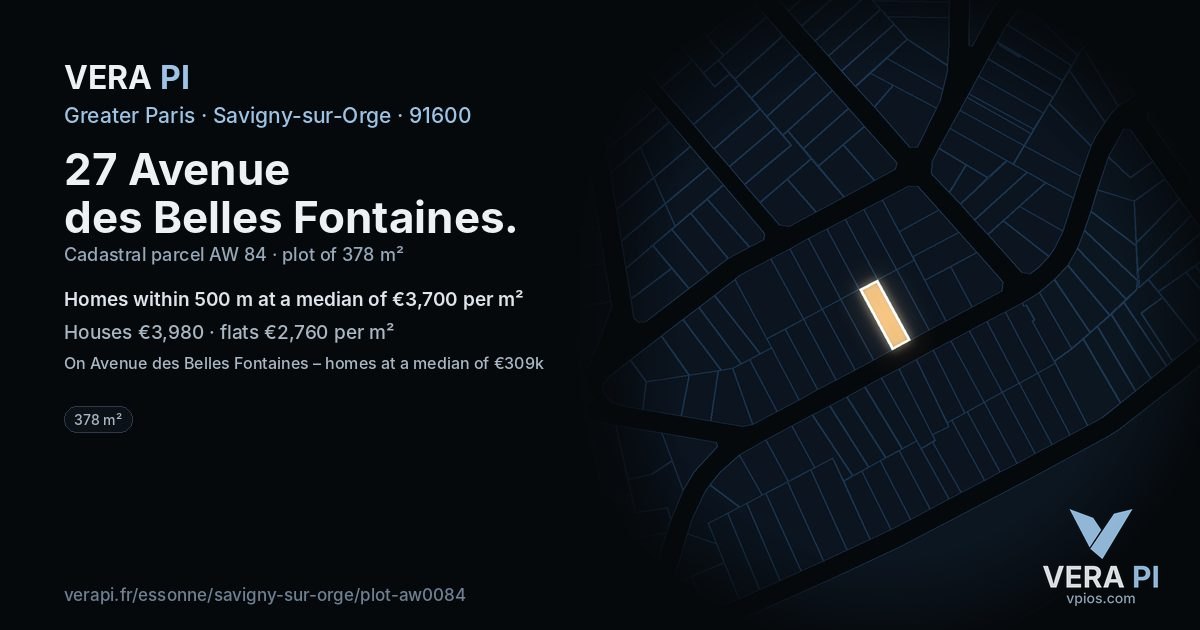 27 Avenue des Belles Fontaines, Savigny-sur-Orge at night – the plot lit, the parcels around coloured by the prices near them