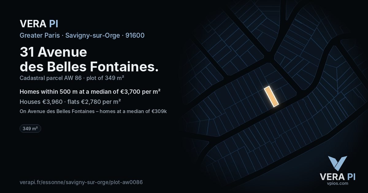 31 Avenue des Belles Fontaines, Savigny-sur-Orge at night – the plot lit, the parcels around coloured by the prices near them
