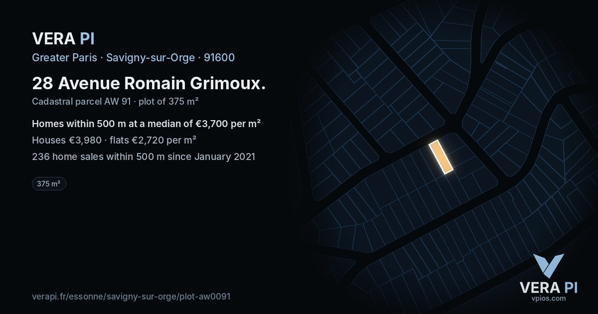 28 Avenue Romain Grimoux, Savigny-sur-Orge at night – the plot lit, the parcels around coloured by the prices near them