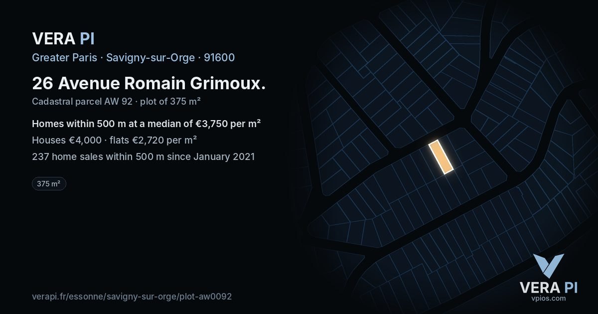 26 Avenue Romain Grimoux, Savigny-sur-Orge at night – the plot lit, the parcels around coloured by the prices near them