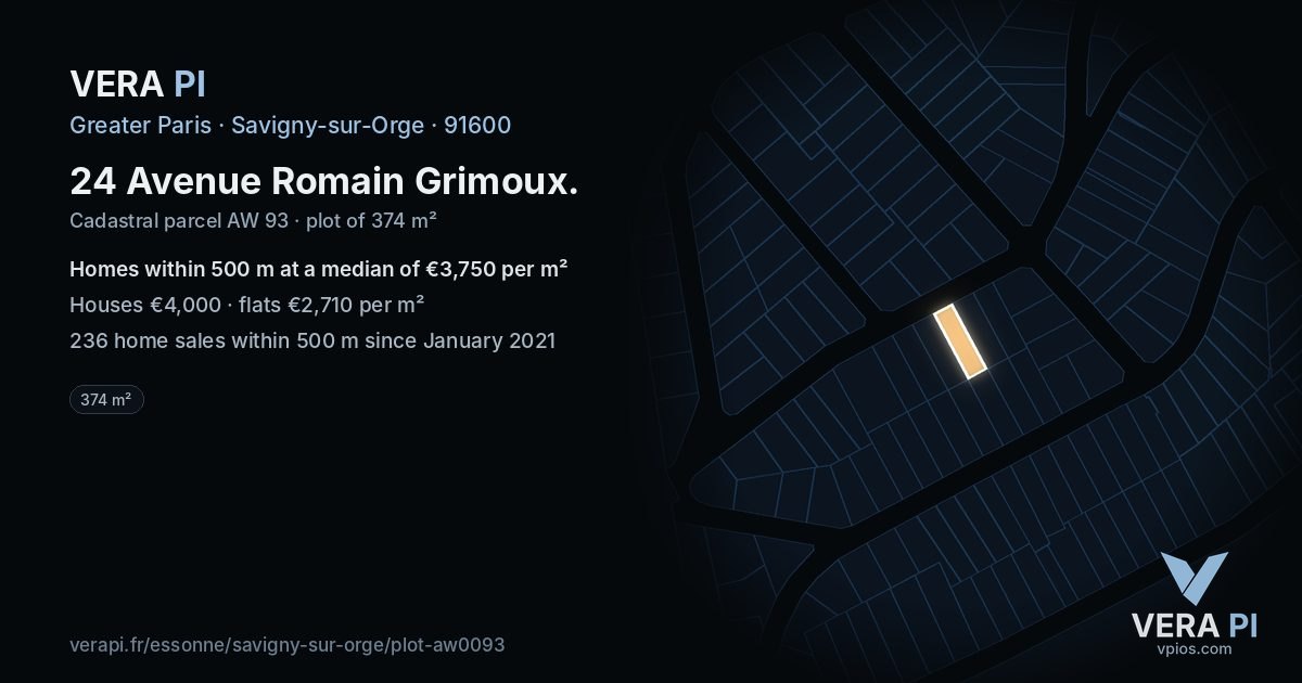 24 Avenue Romain Grimoux, Savigny-sur-Orge at night – the plot lit, the parcels around coloured by the prices near them