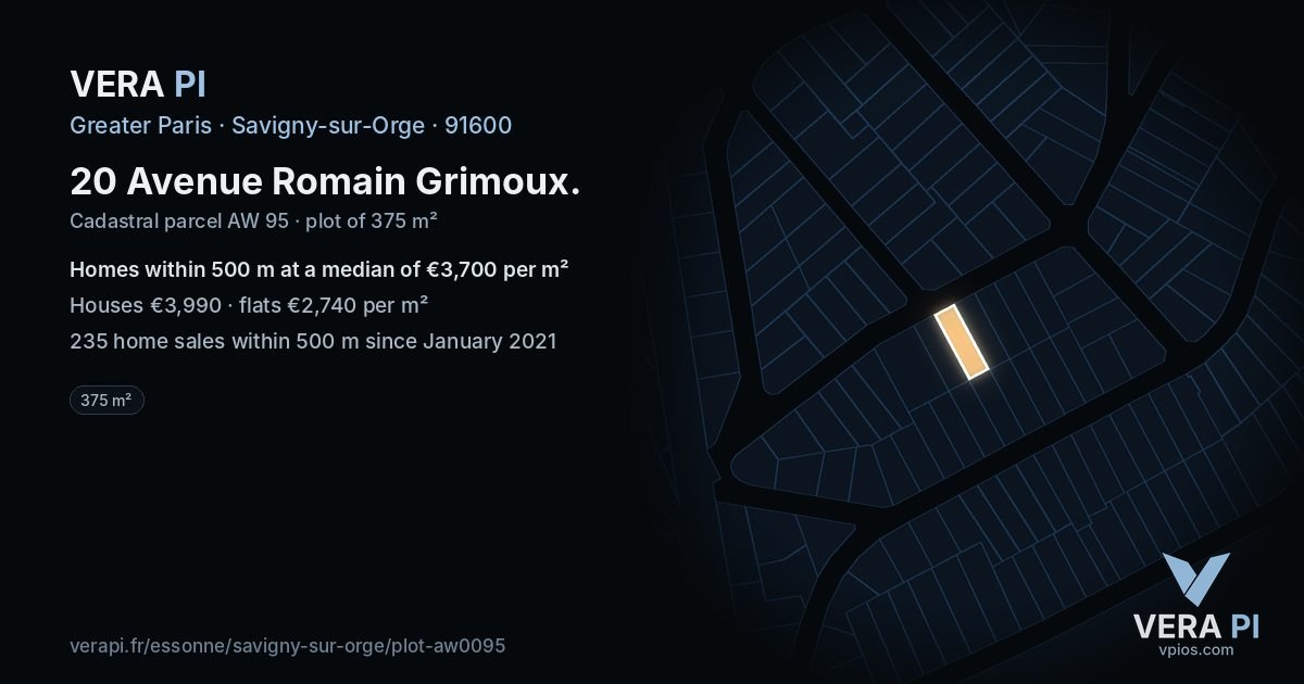 20 Avenue Romain Grimoux, Savigny-sur-Orge at night – the plot lit, the parcels around coloured by the prices near them