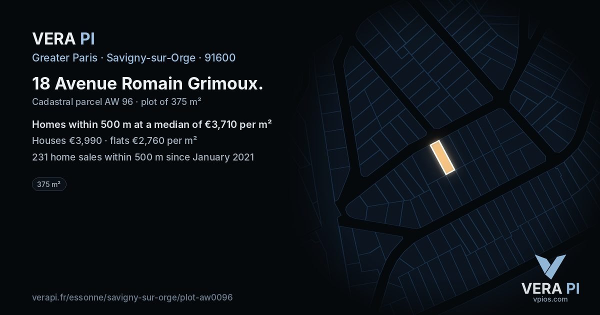 18 Avenue Romain Grimoux, Savigny-sur-Orge at night – the plot lit, the parcels around coloured by the prices near them